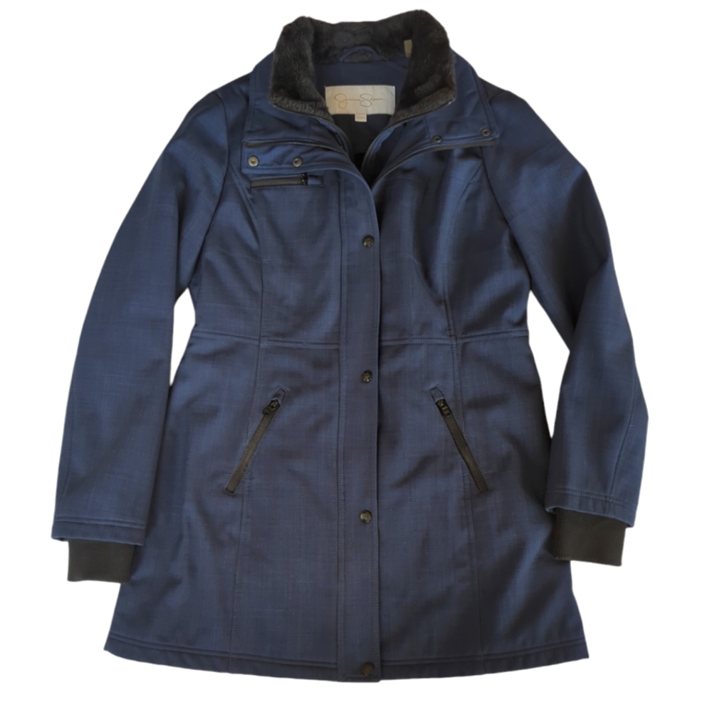 Jessica Simpson Soft Shell Jacket with Faux Fur Collar LARGE Navy Pockets